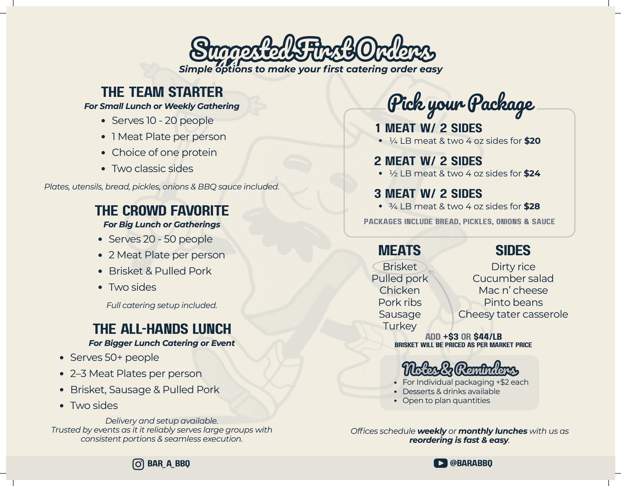 Bar A BBQ catering packages, meats, and sides